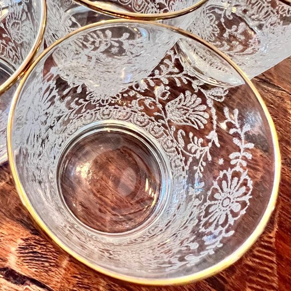 2 White Lace Floral Libbey MCM Old Fashioned Whiskey Gold Rimmed - Picture 2 of 8